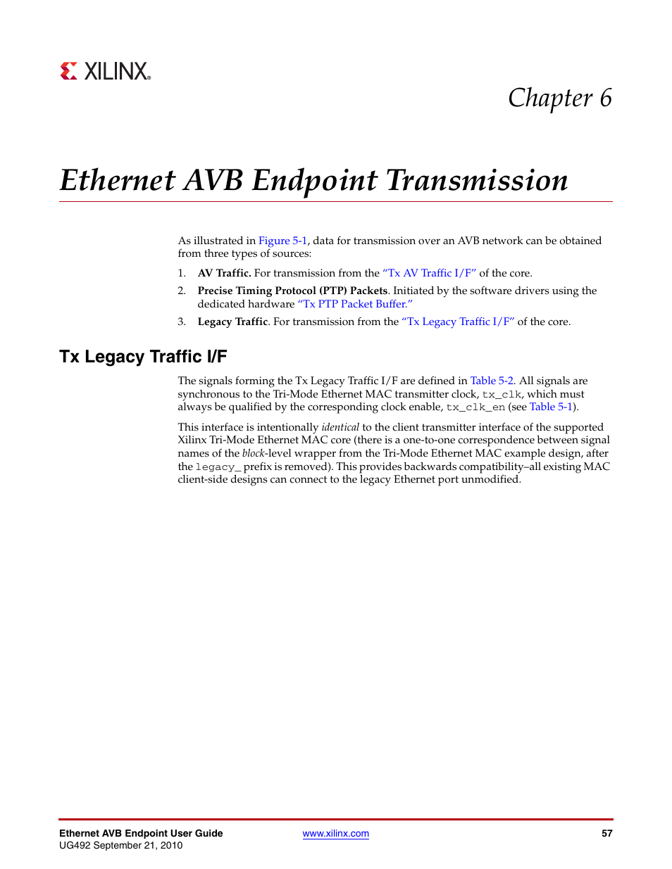 Ethernet avb endpoint transmission, Tx legacy traffic i/f, Chapter 6: ethernet avb endpoint transmission | Chapter 6, “ethernet avb endpoint transmission, Chapter 6, For fur | Xilinx IP Ethernet AVB Endpoint v2.4 UG492 User Manual | Page 57 / 172