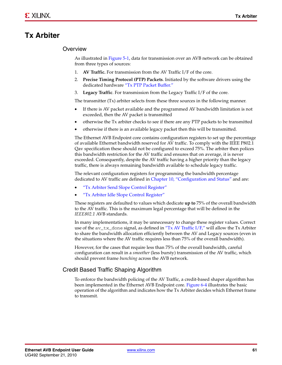 Tx arbiter, Tes to the, That anot | To service the legacy traf, Overview, Credit based traffic shaping algorithm | Xilinx IP Ethernet AVB Endpoint v2.4 UG492 User Manual | Page 61 / 172