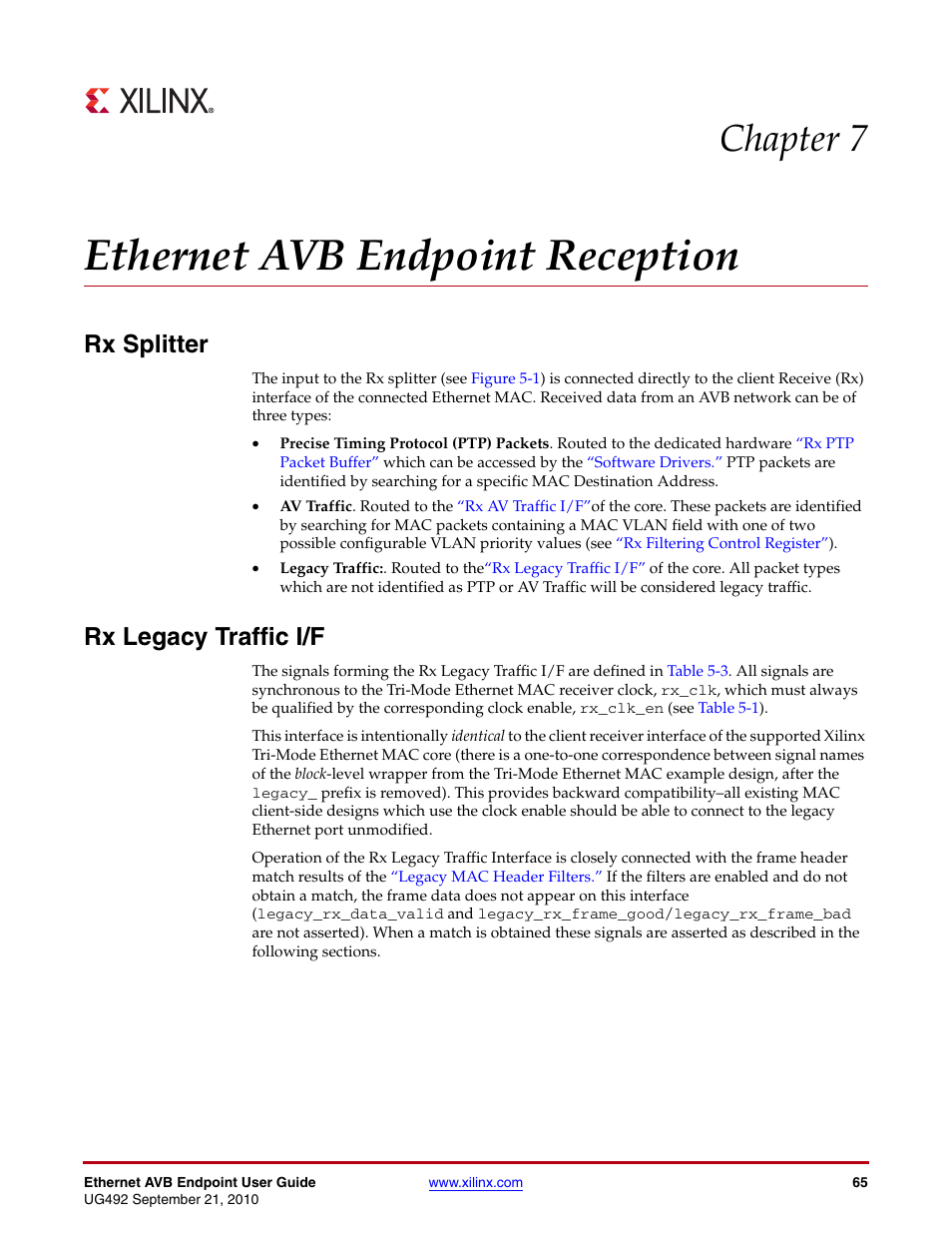Ethernet avb endpoint reception, Rx splitter, Rx legacy traffic i/f | Chapter 7: ethernet avb endpoint reception, Chapter 7, “ethernet avb endpoint reception, Chapter 7 | Xilinx IP Ethernet AVB Endpoint v2.4 UG492 User Manual | Page 65 / 172