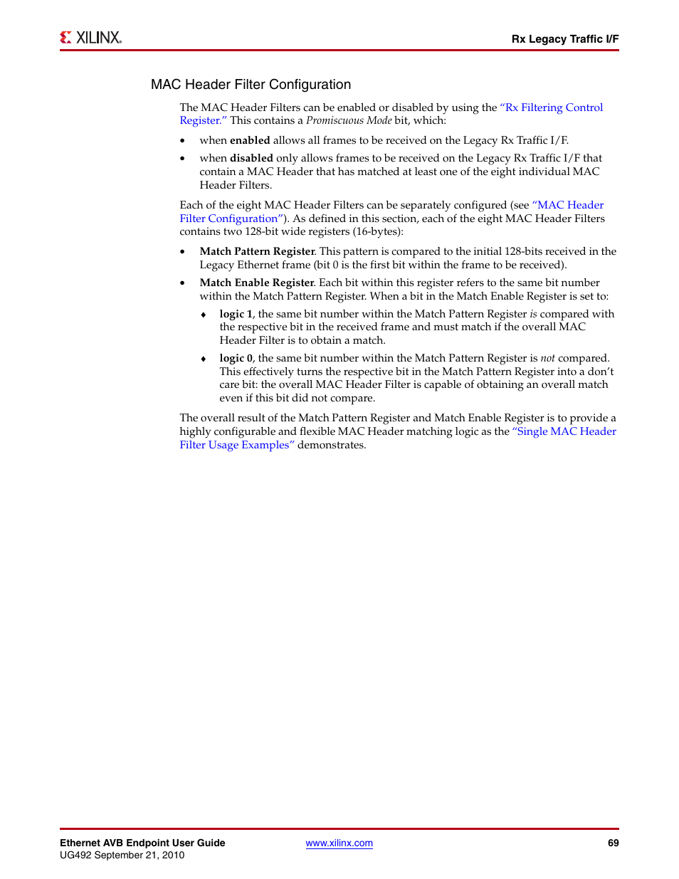 Mac header filter configuration | Xilinx IP Ethernet AVB Endpoint v2.4 UG492 User Manual | Page 69 / 172