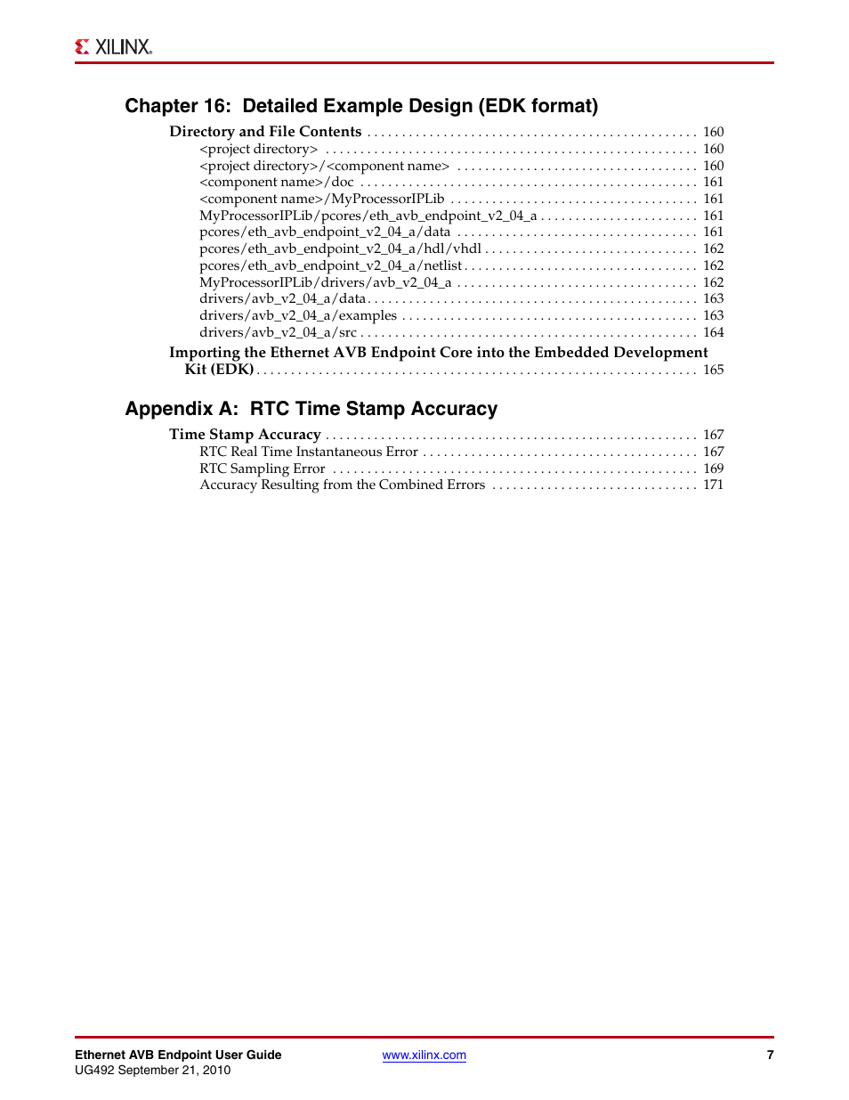 Chapter 16: detailed example design (edk format), Appendix a: rtc time stamp accuracy | Xilinx IP Ethernet AVB Endpoint v2.4 UG492 User Manual | Page 7 / 172