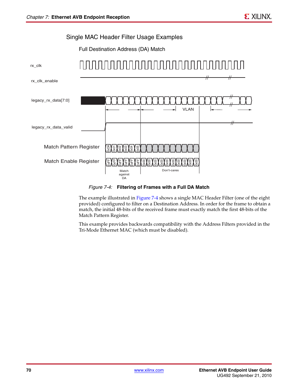 Figure 7-4, Single mac header, Filter usage examples | Single mac header filter usage examples, Full destination address (da) match | Xilinx IP Ethernet AVB Endpoint v2.4 UG492 User Manual | Page 70 / 172