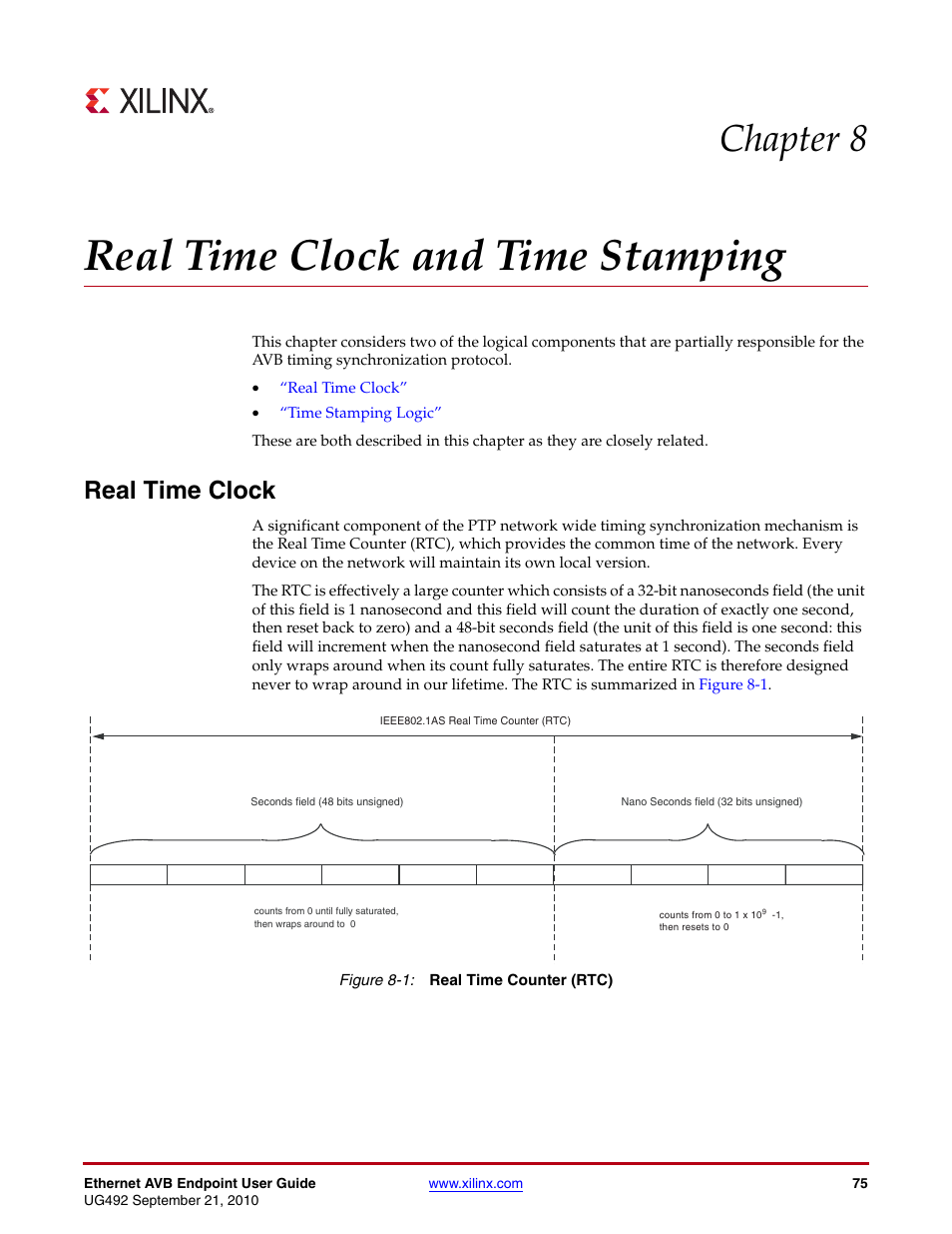 Real time clock and time stamping, Real time clock, Chapter 8: real time clock and time stamping | Figure 8-1, Chapter 8, “real time clock and time stamping, Chapter 8 | Xilinx IP Ethernet AVB Endpoint v2.4 UG492 User Manual | Page 75 / 172