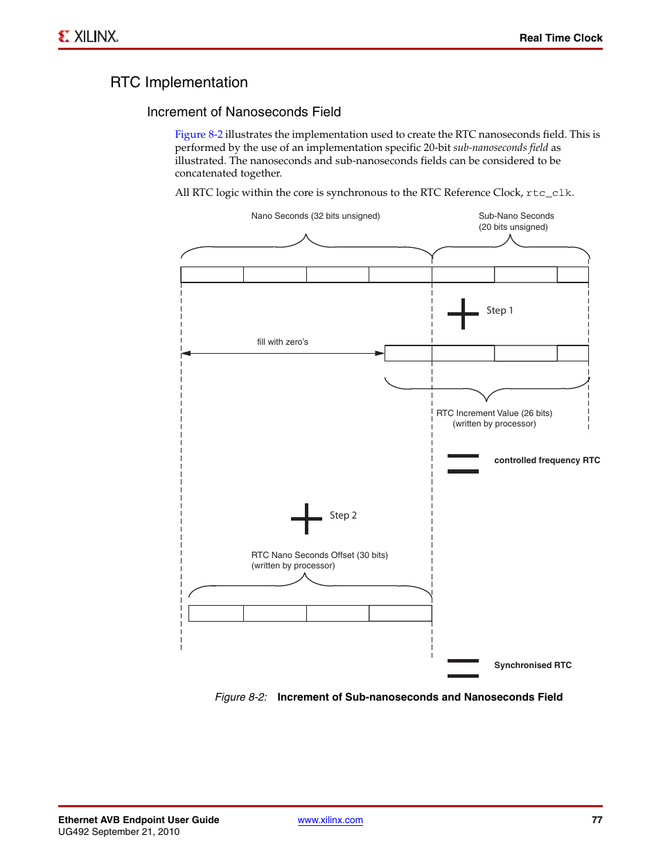 Rtc implementation, Figure 8-2, Increment of nanoseconds field | Xilinx IP Ethernet AVB Endpoint v2.4 UG492 User Manual | Page 77 / 172