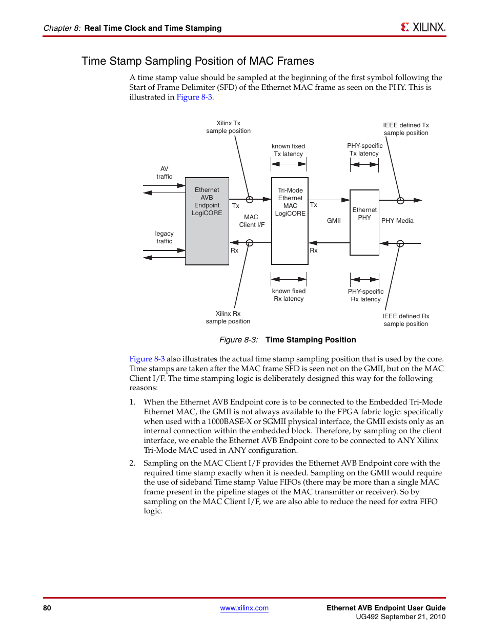 Time stamp sampling position of mac frames, Figure 8-3 | Xilinx IP Ethernet AVB Endpoint v2.4 UG492 User Manual | Page 80 / 172