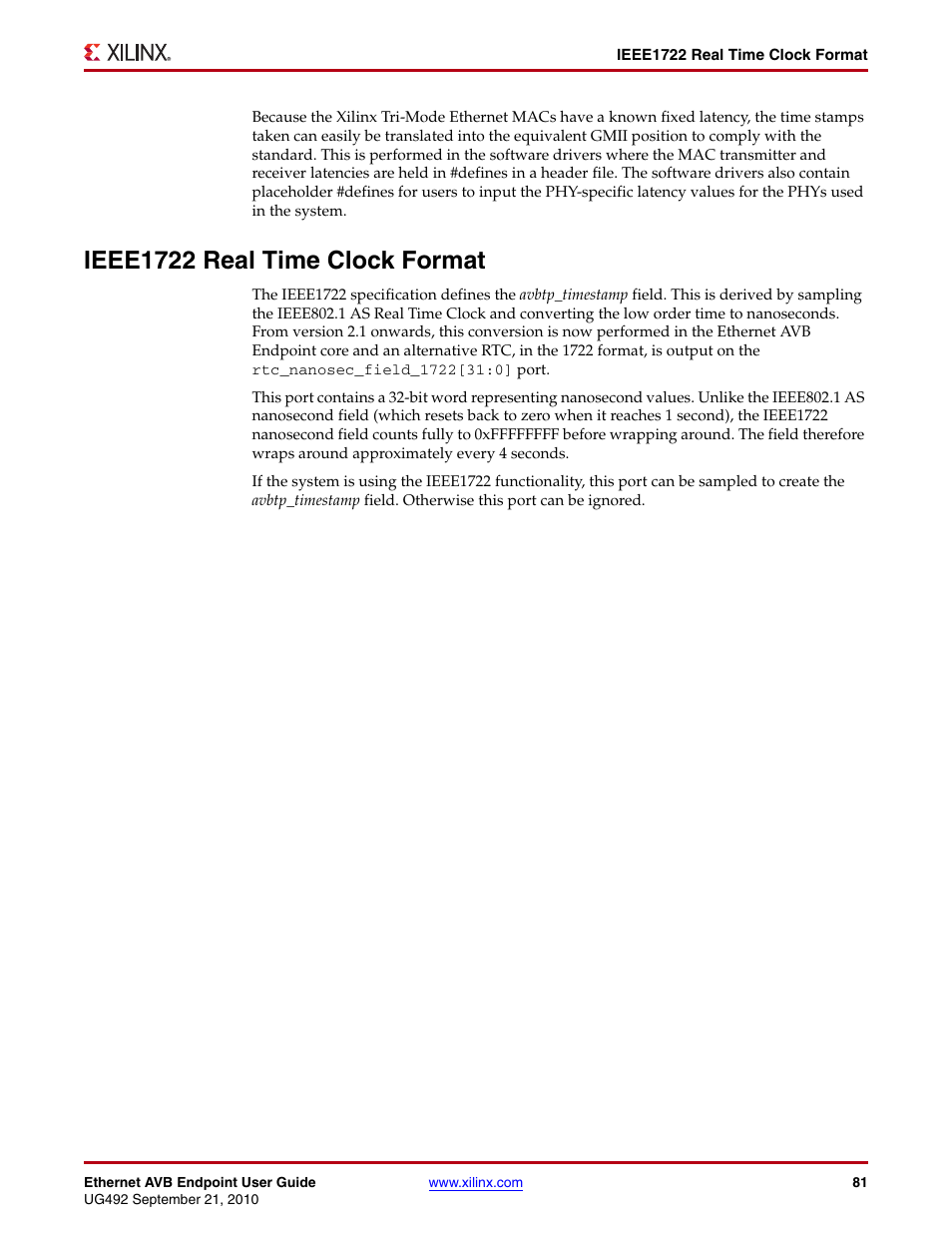 Ieee1722 real time clock format | Xilinx IP Ethernet AVB Endpoint v2.4 UG492 User Manual | Page 81 / 172