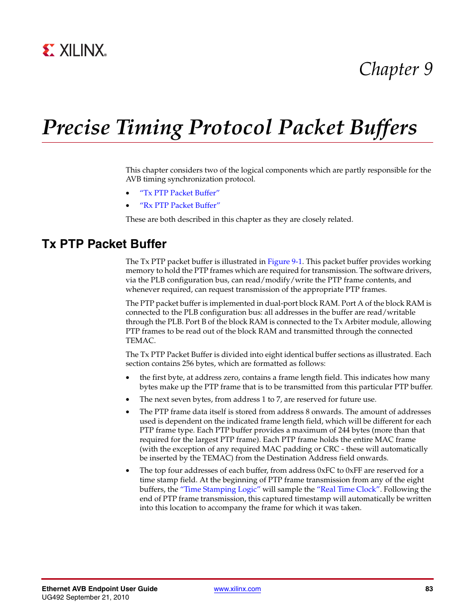 Precise timing protocol packet buffers, Tx ptp packet buffer, Chapter 9: precise timing protocol packet buffers | Chapter 9, “precise timing protocol packet buffers, Describes two, Chapter 9 | Xilinx IP Ethernet AVB Endpoint v2.4 UG492 User Manual | Page 83 / 172