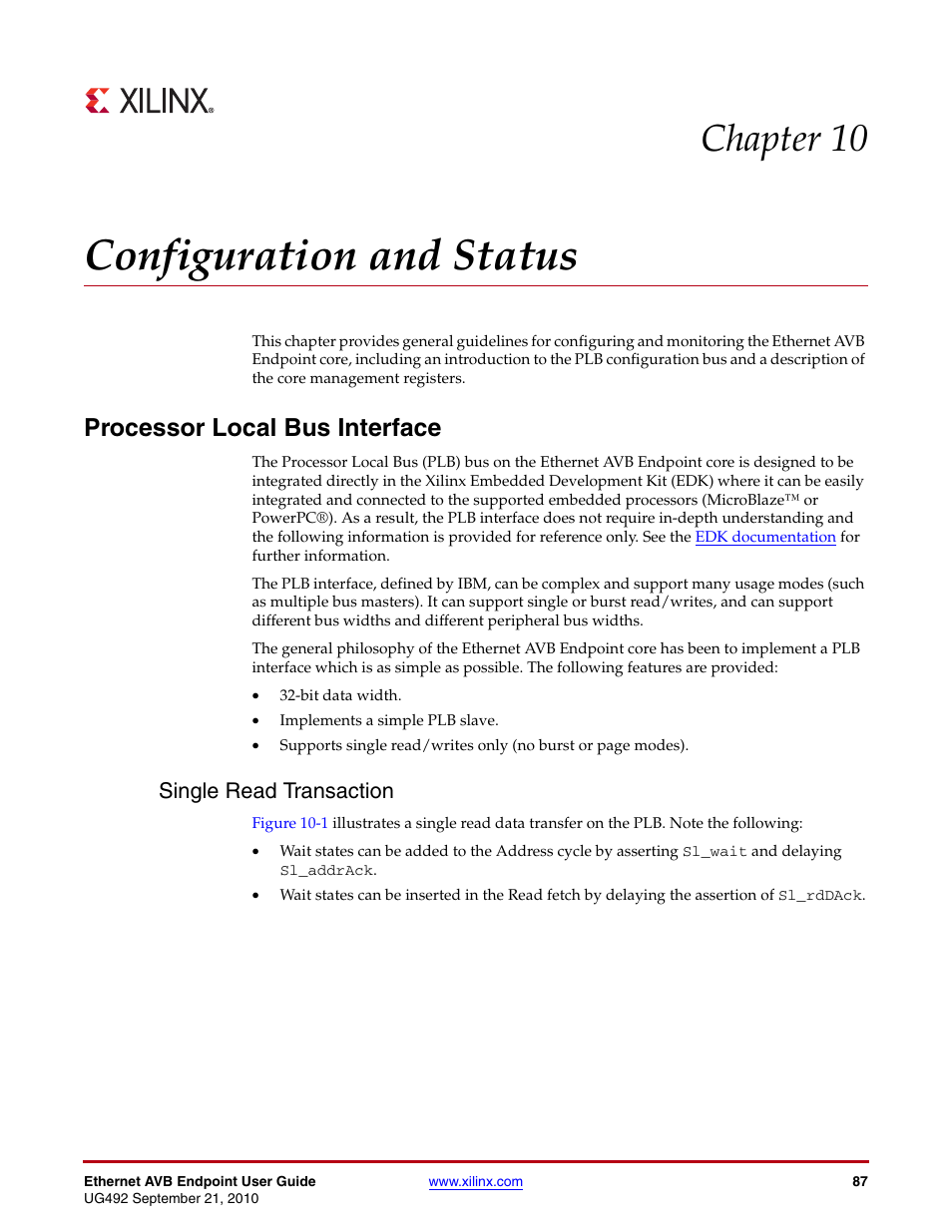 Configuration and status, Processor local bus interface, Single read transaction | Chapter 10: configuration and status, Chapter 10, “configuration and status, Chapter 10 | Xilinx IP Ethernet AVB Endpoint v2.4 UG492 User Manual | Page 87 / 172