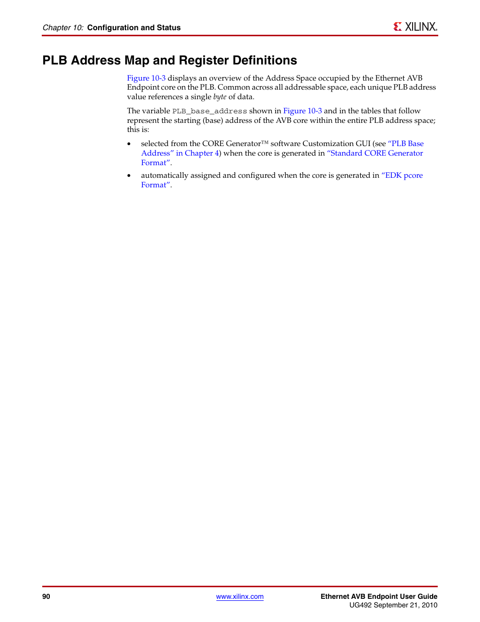 Plb address map and register definitions | Xilinx IP Ethernet AVB Endpoint v2.4 UG492 User Manual | Page 90 / 172