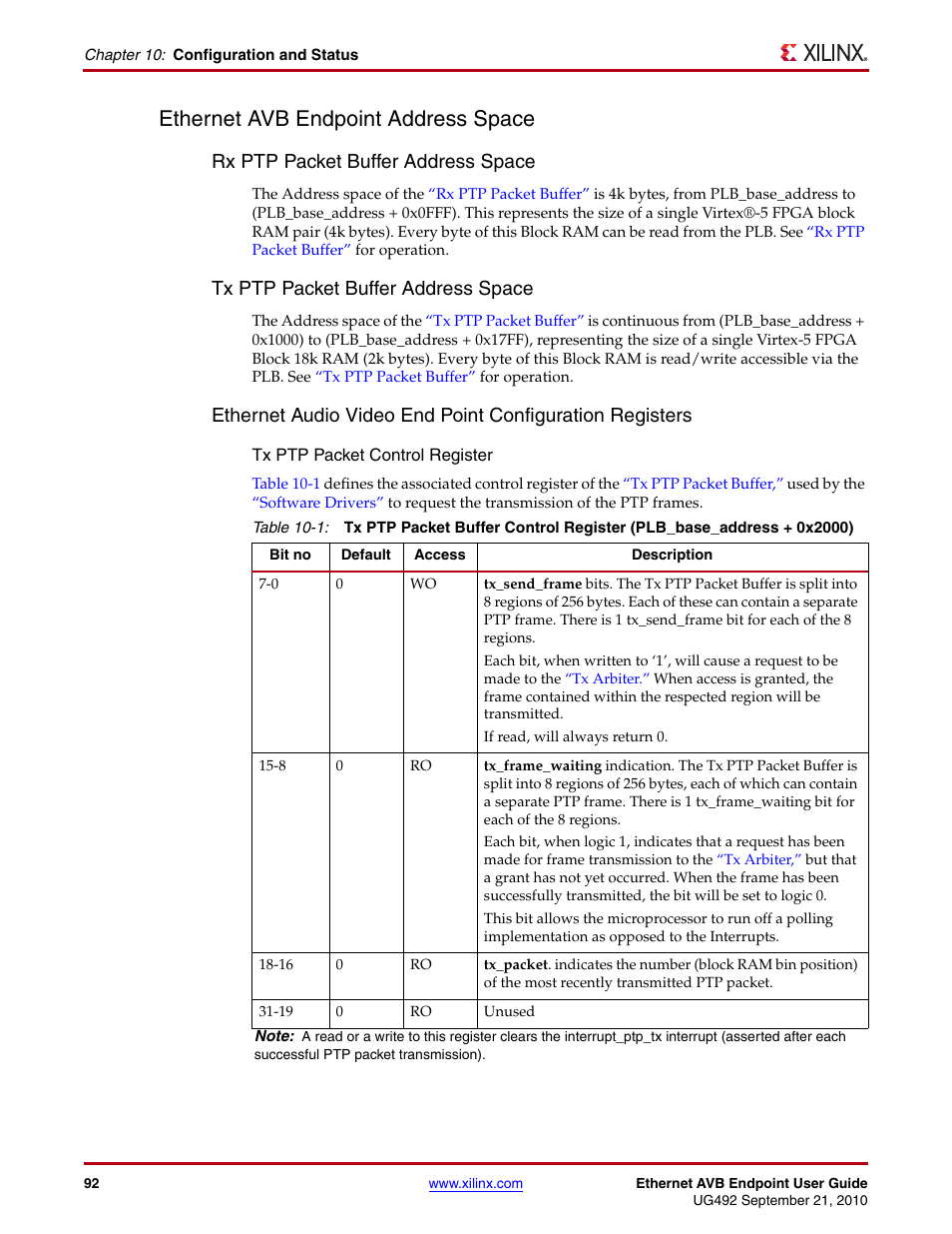 Ethernet avb endpoint address space, Table 10-1, Tx ptp packet control register | Is defined, Rx ptp packet buffer address space, Tx ptp packet buffer address space | Xilinx IP Ethernet AVB Endpoint v2.4 UG492 User Manual | Page 92 / 172