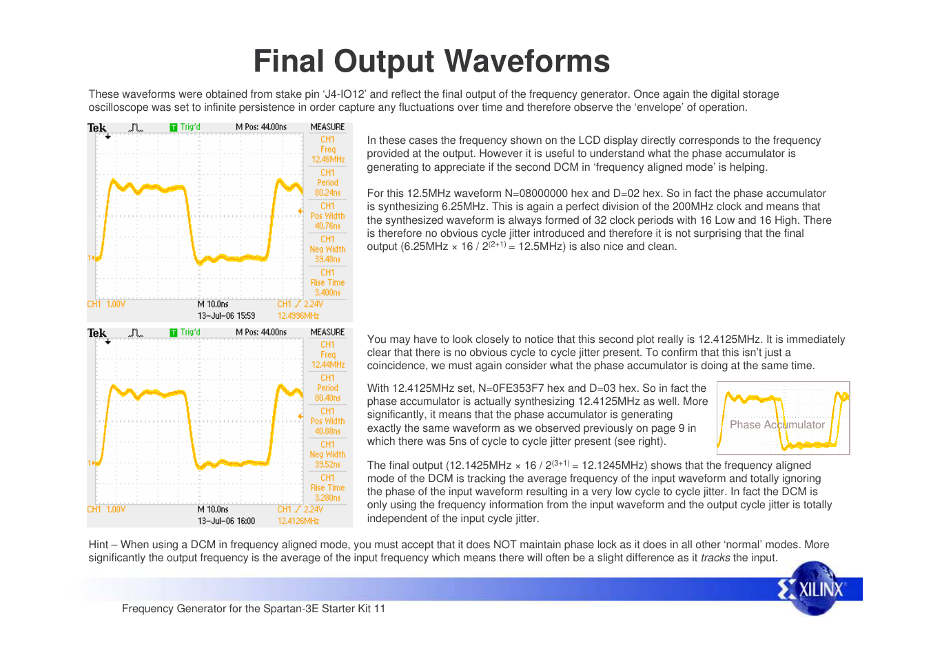 Final output waveforms | Xilinx Frequency Generator for Spartan-3E Starter Kit User Manual | Page 11 / 14