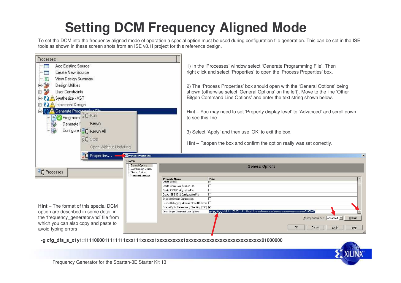 Setting dcm frequency aligned mode | Xilinx Frequency Generator for Spartan-3E Starter Kit User Manual | Page 13 / 14
