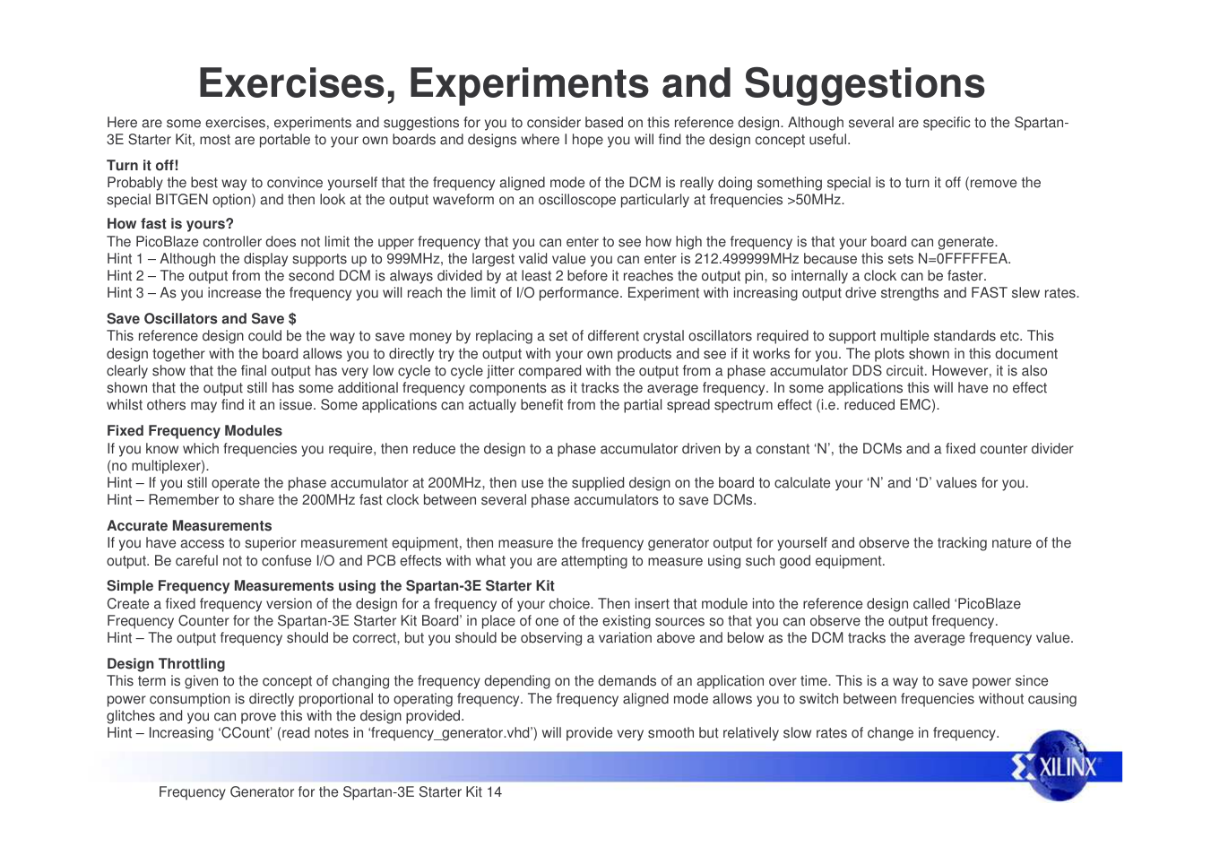 Exercises, experiments and suggestions | Xilinx Frequency Generator for Spartan-3E Starter Kit User Manual | Page 14 / 14