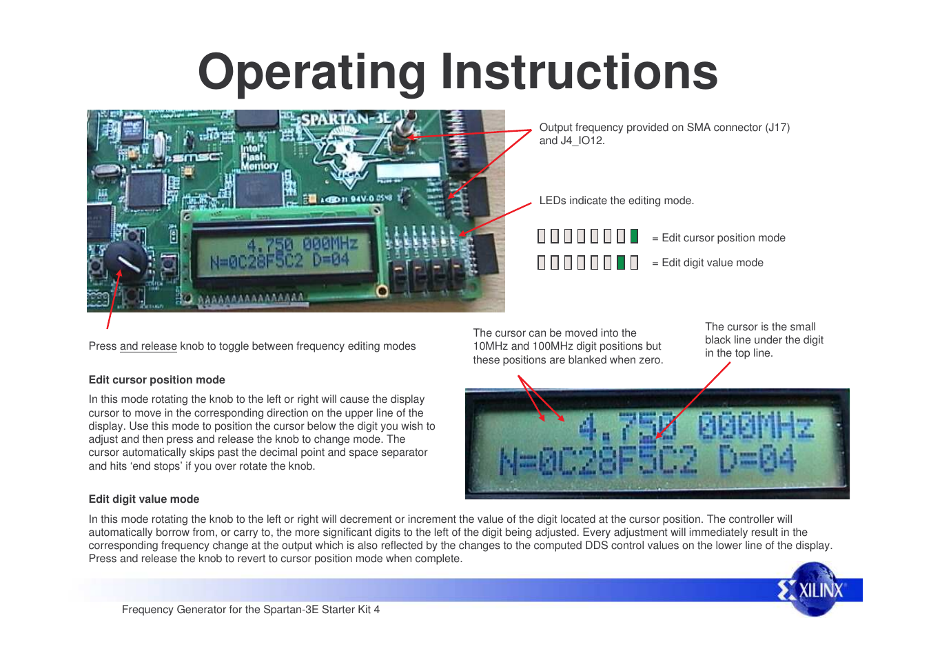 Operating instructions | Xilinx Frequency Generator for Spartan-3E Starter Kit User Manual | Page 4 / 14