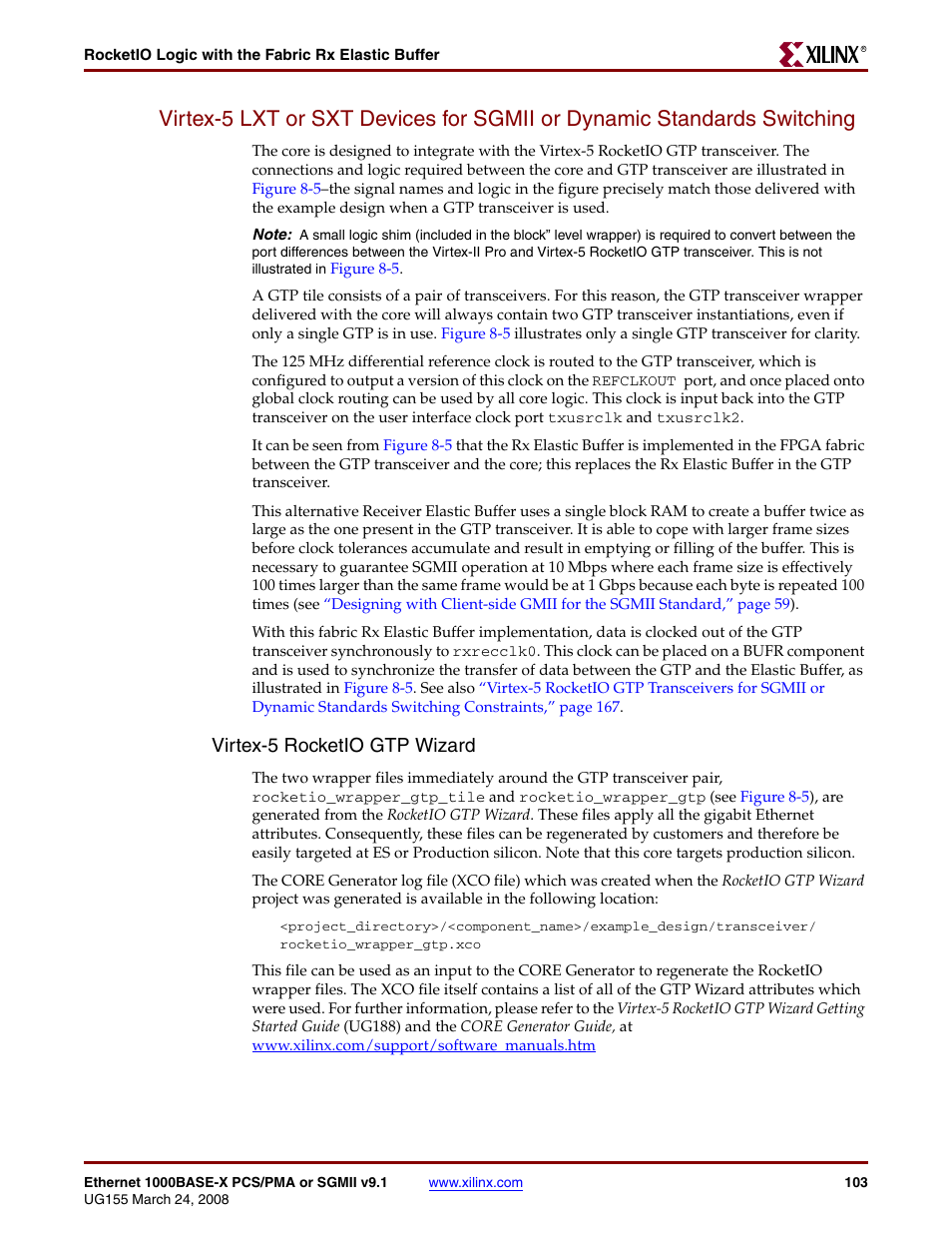 Virtex-5 rocketio gtp wizard | Xilinx 1000BASE-X User Manual | Page 103 / 230