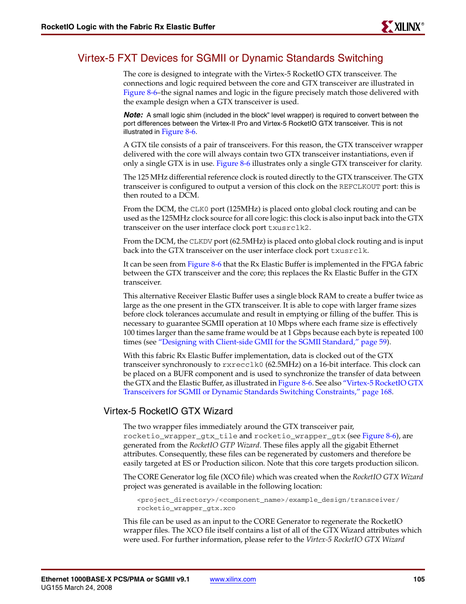 Virtex-5 rocketio gtx wizard | Xilinx 1000BASE-X User Manual | Page 105 / 230