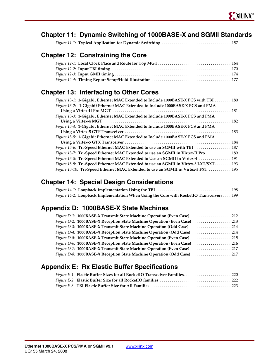 Chapter 12: constraining the core, Chapter 13: interfacing to other cores, Chapter 14: special design considerations | Appendix d: 1000base-x state machi nes, Appendix e: rx elastic buffer specifications | Xilinx 1000BASE-X User Manual | Page 11 / 230