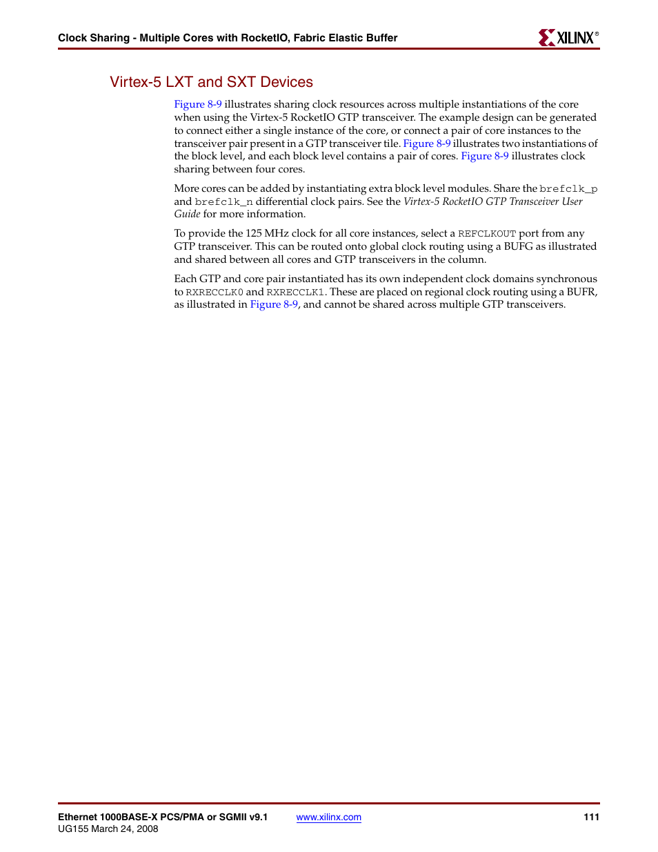 Virtex-5 lxt and sxt devices | Xilinx 1000BASE-X User Manual | Page 111 / 230
