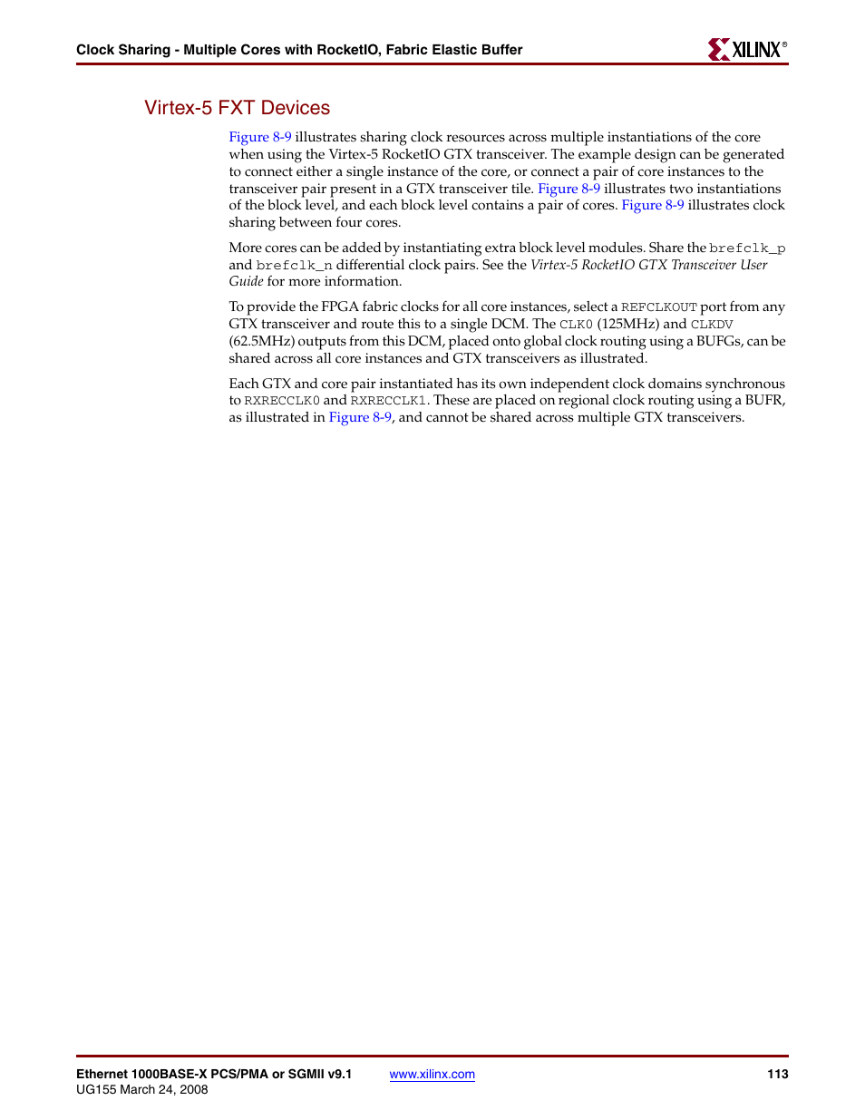 Virtex-5 fxt devices | Xilinx 1000BASE-X User Manual | Page 113 / 230