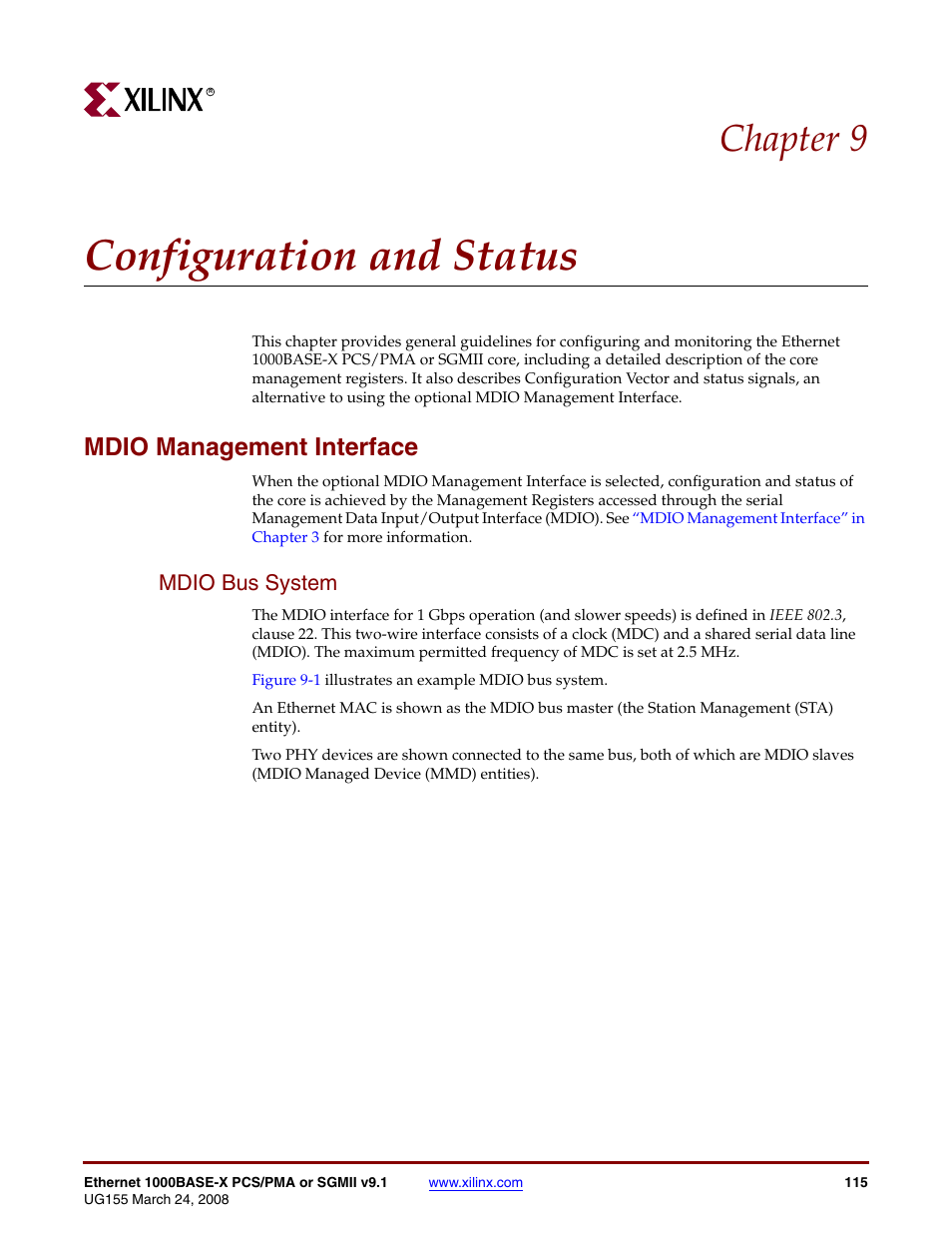 Configuration and status, Mdio management interface, Mdio bus system | Chapter 9: configuration and status, Chapter 9, “configuration and status, Chapter 9, “configuration, And status, Mdio management interface” in chapter 9, Chapter 9 | Xilinx 1000BASE-X User Manual | Page 115 / 230