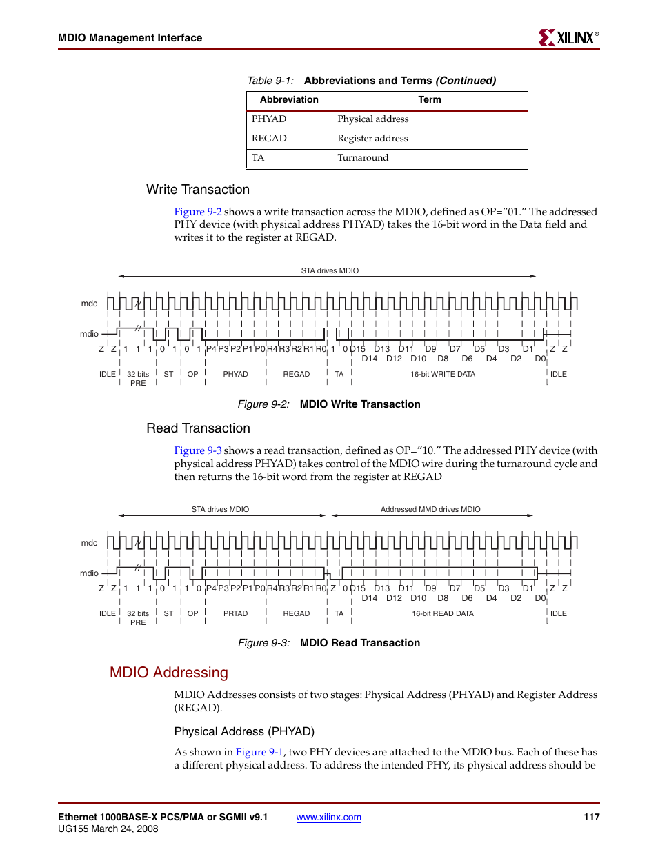 Mdio addressing, Figure 9-2, Figure 9-3 | Write transaction, Read transaction, Physical address (phyad) | Xilinx 1000BASE-X User Manual | Page 117 / 230