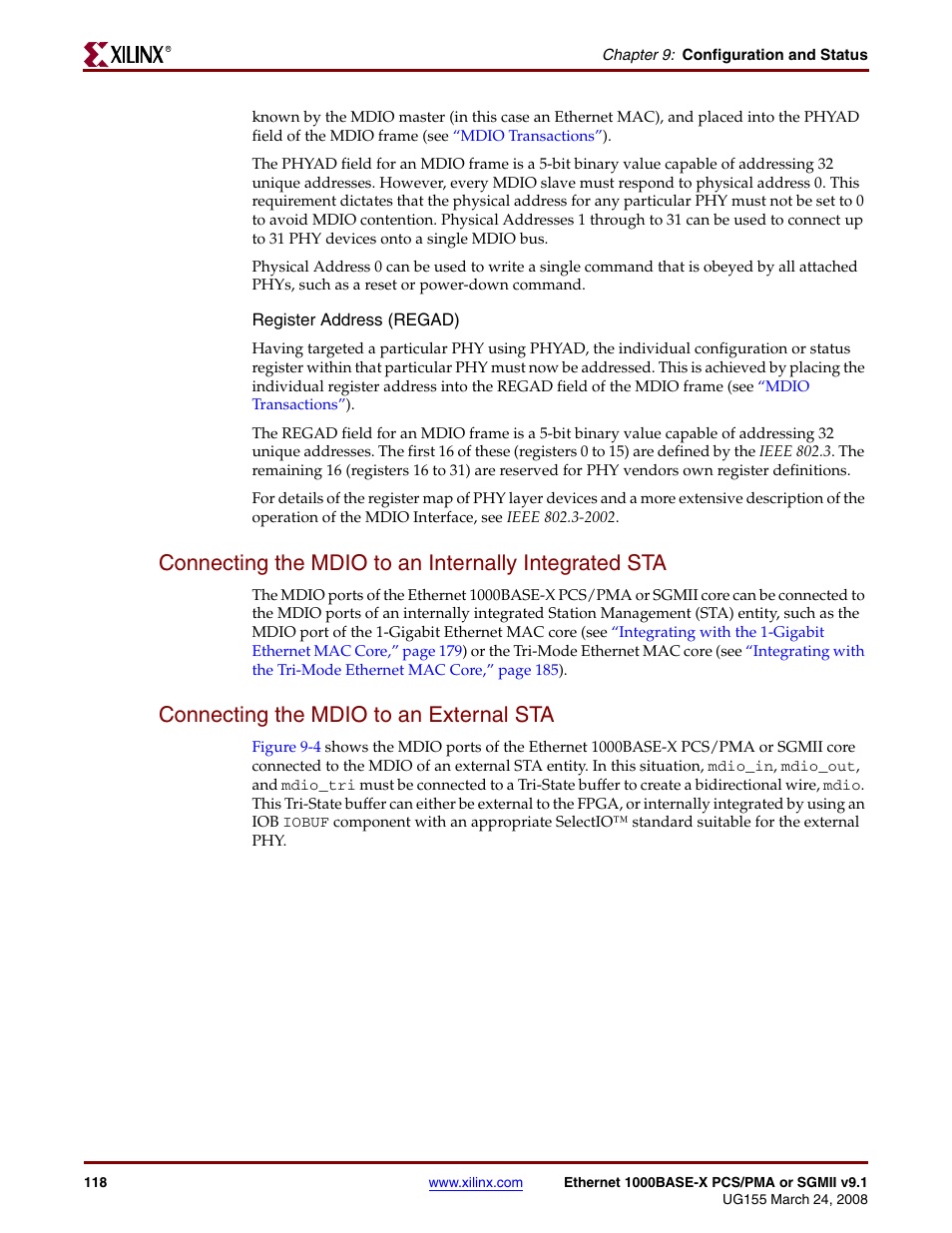 Connecting the mdio to an external sta | Xilinx 1000BASE-X User Manual | Page 118 / 230