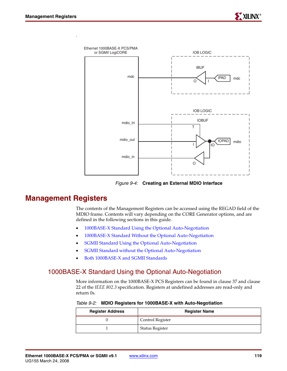 Management registers, Figure 9-4, Table 9-2 | Management registers” in chapter 9 | Xilinx 1000BASE-X User Manual | Page 119 / 230
