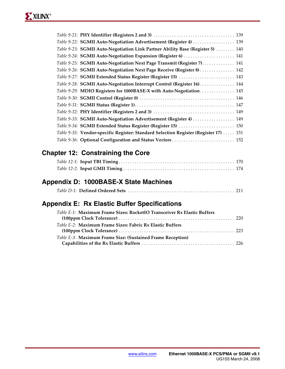 Chapter 12: constraining the core, Appendix d: 1000base-x state machines, Appendix e: rx elastic buffer specifications | Xilinx 1000BASE-X User Manual | Page 14 / 230