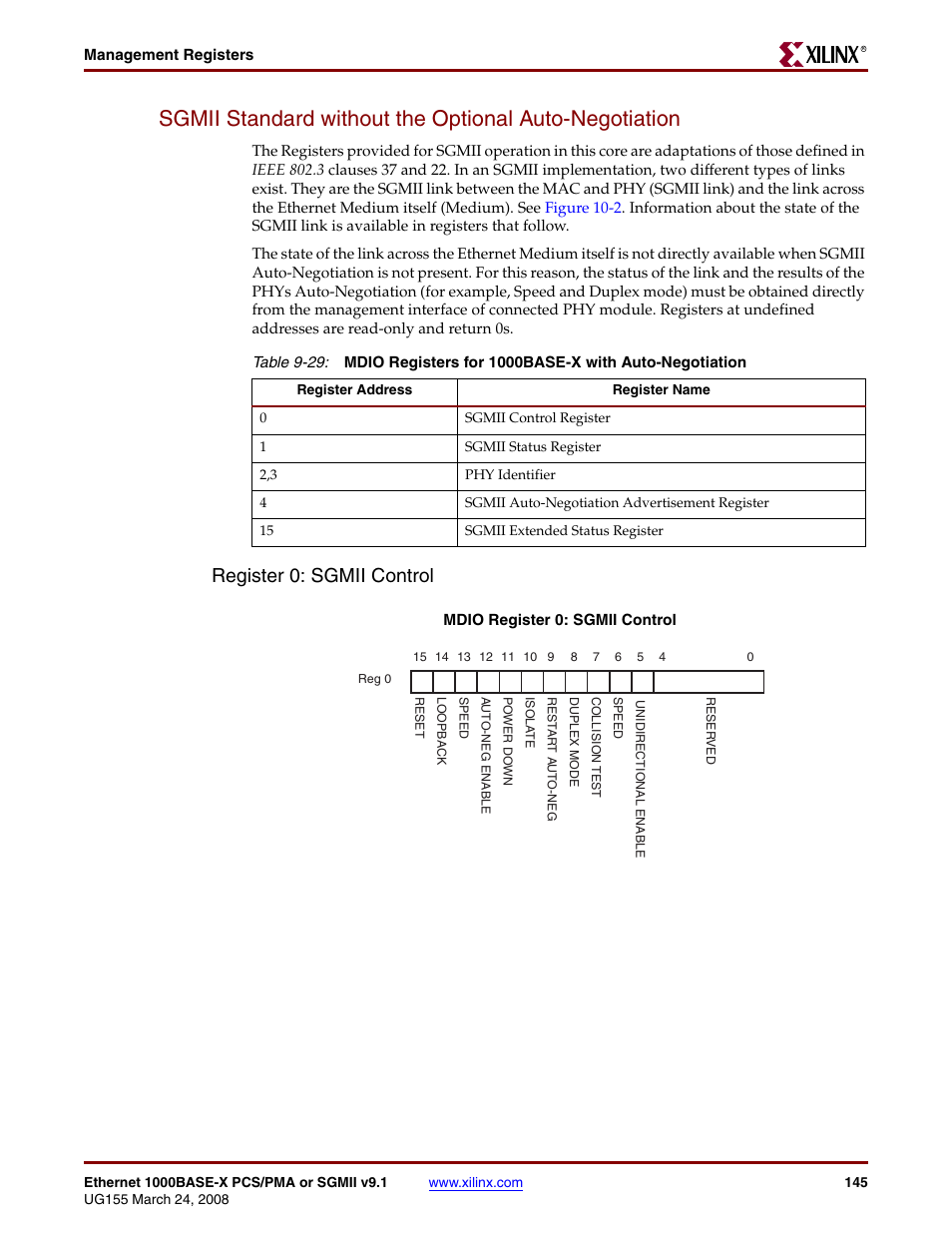 Table 9-29, Register 0: sgmii control | Xilinx 1000BASE-X User Manual | Page 145 / 230