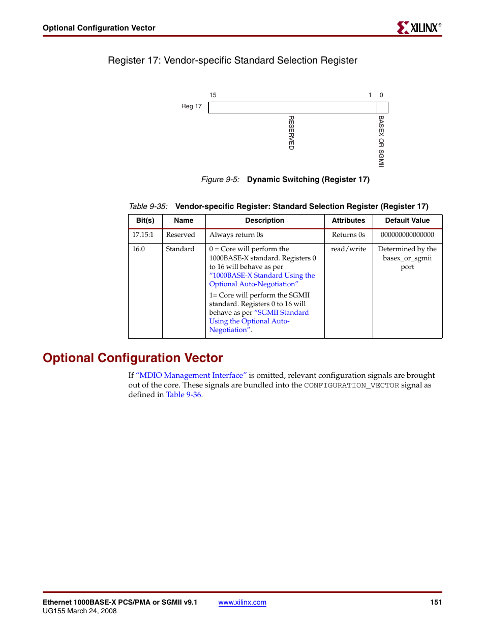 Optional configuration vector, Figure 9-5, Table 9-35 | Optional configuration vector” in chapter 9 | Xilinx 1000BASE-X User Manual | Page 151 / 230