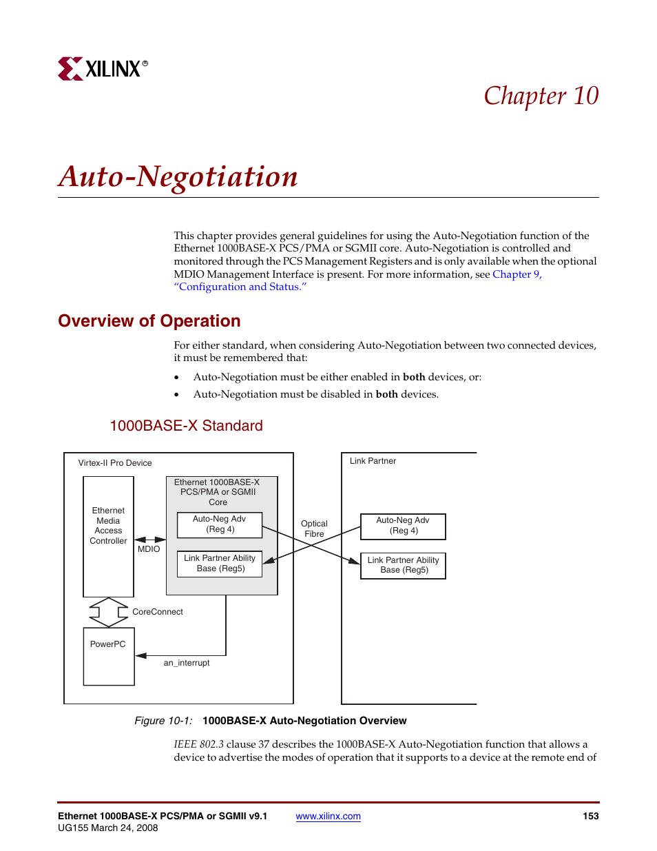 Auto-negotiation, Overview of operation, 1000base-x standard | Chapter 10: auto-negotiation, Figure 10-1, Chapter 10, “auto-negotiation, Chapter, 10, “auto-negotiation, Chapter 10 | Xilinx 1000BASE-X User Manual | Page 153 / 230