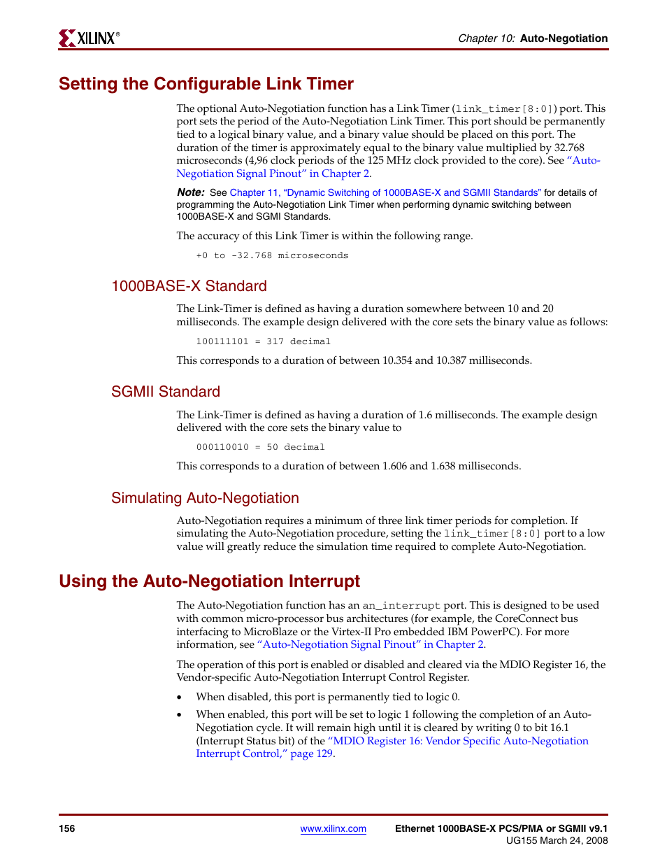 Setting the configurable link timer, 1000base-x standard, Sgmii standard | Simulating auto-negotiation, Using the auto-negotiation interrupt, Using the auto, Setting the | Xilinx 1000BASE-X User Manual | Page 156 / 230