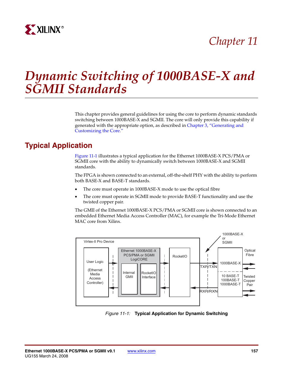 Typical application, Figure 11-1, For mor | Chapter 11 | Xilinx 1000BASE-X User Manual | Page 157 / 230