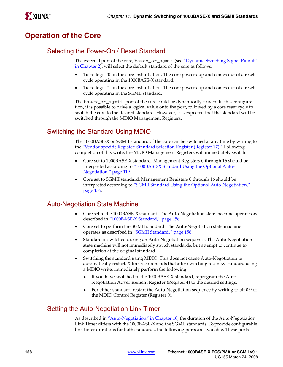 Operation of the core, Selecting the power-on / reset standard, Switching the standard using mdio | Auto-negotiation state machine, Setting the auto-negotiation link timer | Xilinx 1000BASE-X User Manual | Page 158 / 230