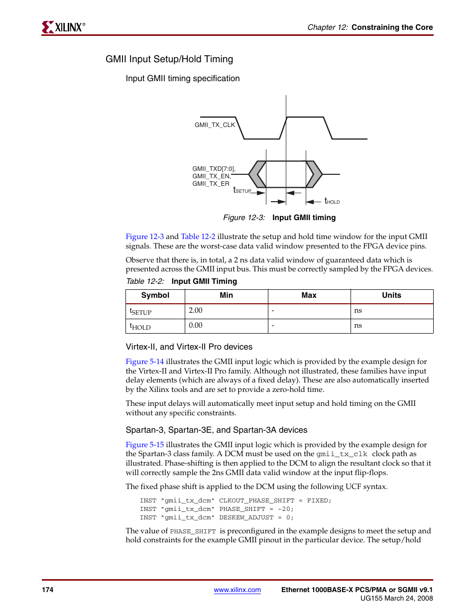 Figure 12-3, Table 12-2, Gmii input setup/hold timing | Xilinx 1000BASE-X User Manual | Page 174 / 230