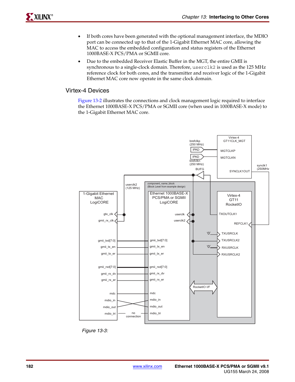 Figure 13-3, Virtex-4 devices, Chapter 13: interfacing to other cores | Xilinx 1000BASE-X User Manual | Page 182 / 230