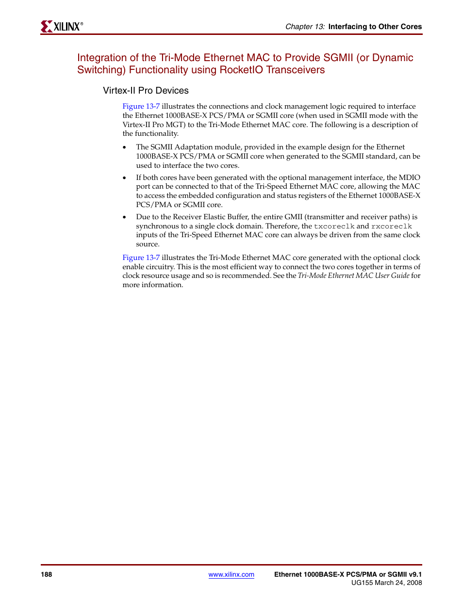 Virtex-ii pro devices | Xilinx 1000BASE-X User Manual | Page 188 / 230