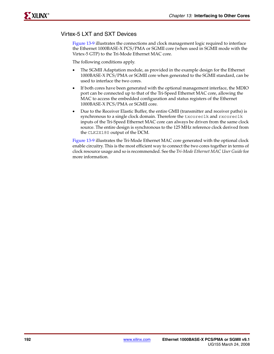 Virtex-5 lxt and sxt devices | Xilinx 1000BASE-X User Manual | Page 192 / 230