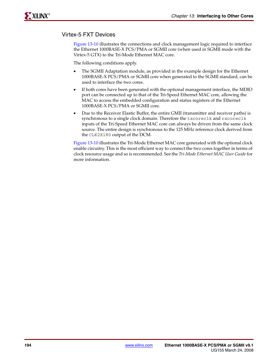 Virtex-5 fxt devices | Xilinx 1000BASE-X User Manual | Page 194 / 230