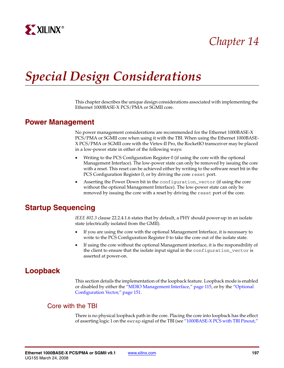 Special design considerations, Power management, Startup sequencing | Loopback, Core with the tbi, Chapter 14: special design considerations, Chapter 14, “special design considerations, Descr, Chapter 14 | Xilinx 1000BASE-X User Manual | Page 197 / 230