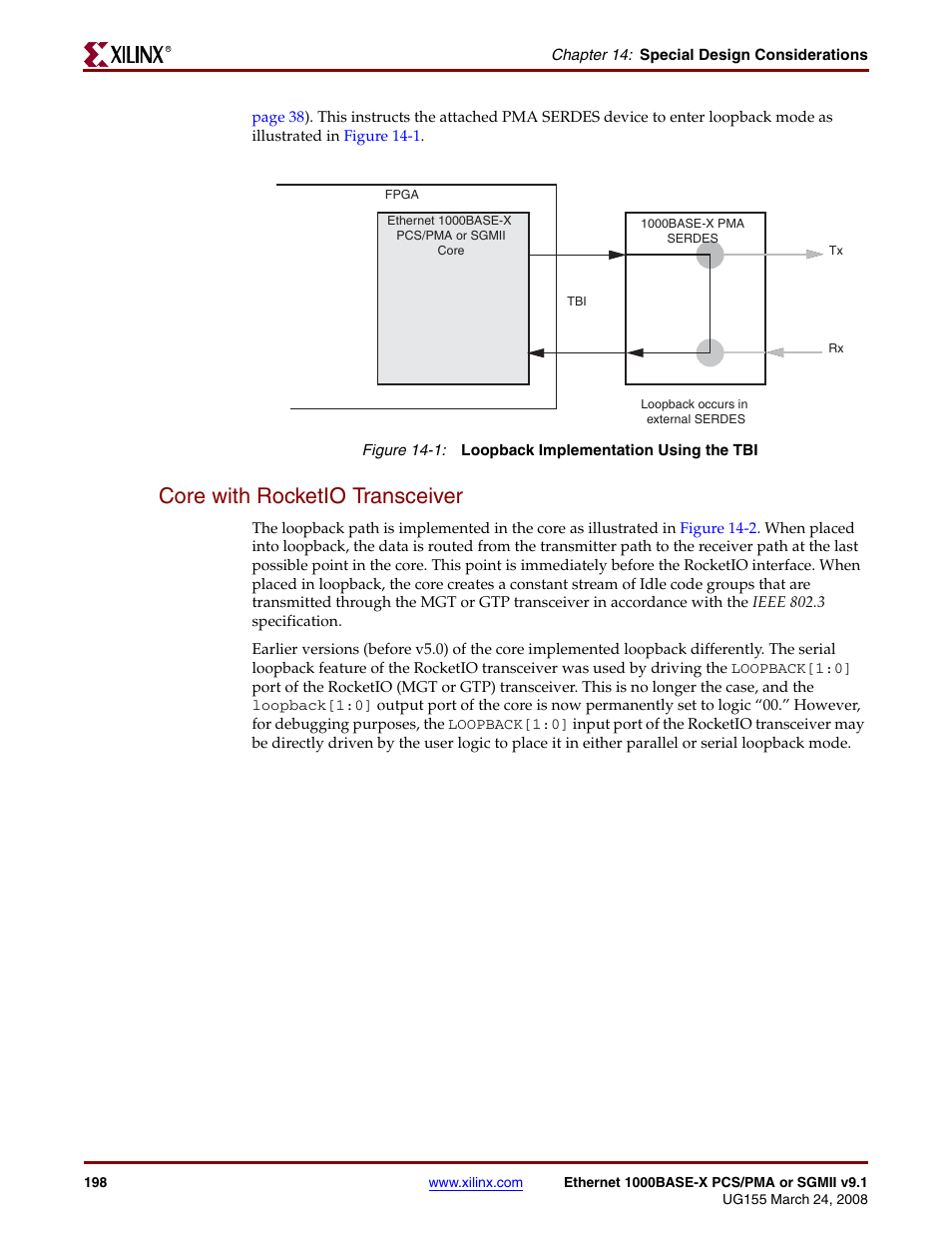 Core with rocketio transceiver, Figure 14-1 | Xilinx 1000BASE-X User Manual | Page 198 / 230