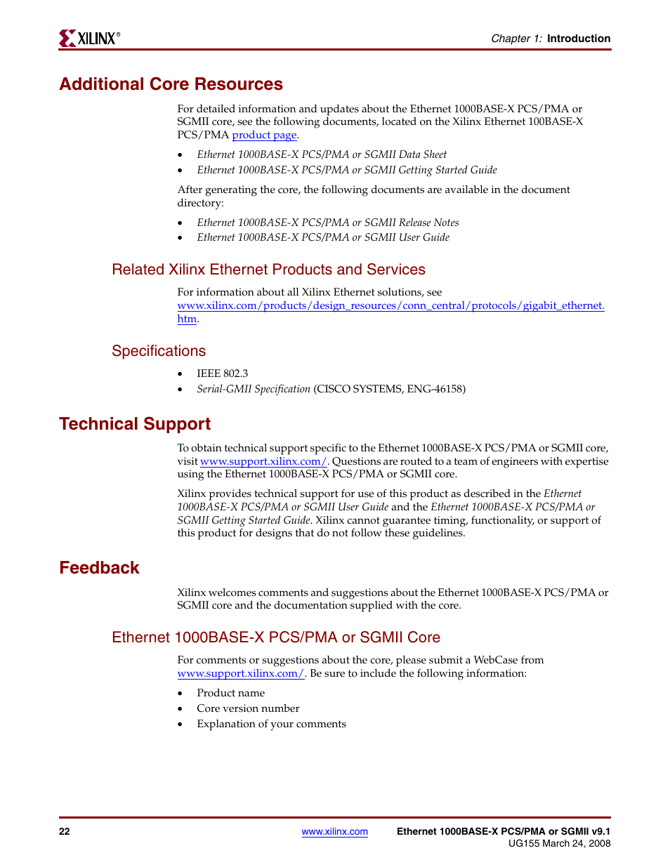 Additional core resources, Related xilinx ethernet products and services, Specifications | Technical support, Feedback, Ethernet 1000base-x pcs/pma or sgmii core | Xilinx 1000BASE-X User Manual | Page 20 / 230