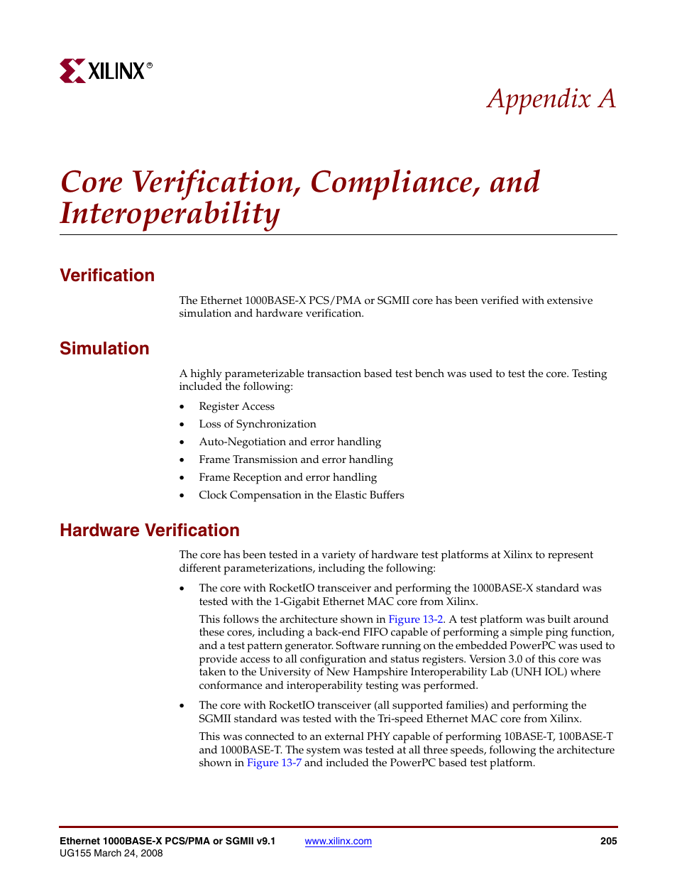 Verification, Simulation, Hardware verification | Appendix a | Xilinx 1000BASE-X User Manual | Page 205 / 230