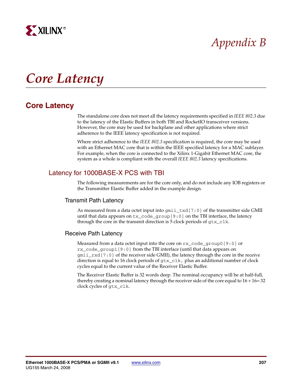 Core latency, Latency for 1000base-x pcs with tbi, Appendix b: core latency | Appendix b, “core latency, Appendix b | Xilinx 1000BASE-X User Manual | Page 207 / 230