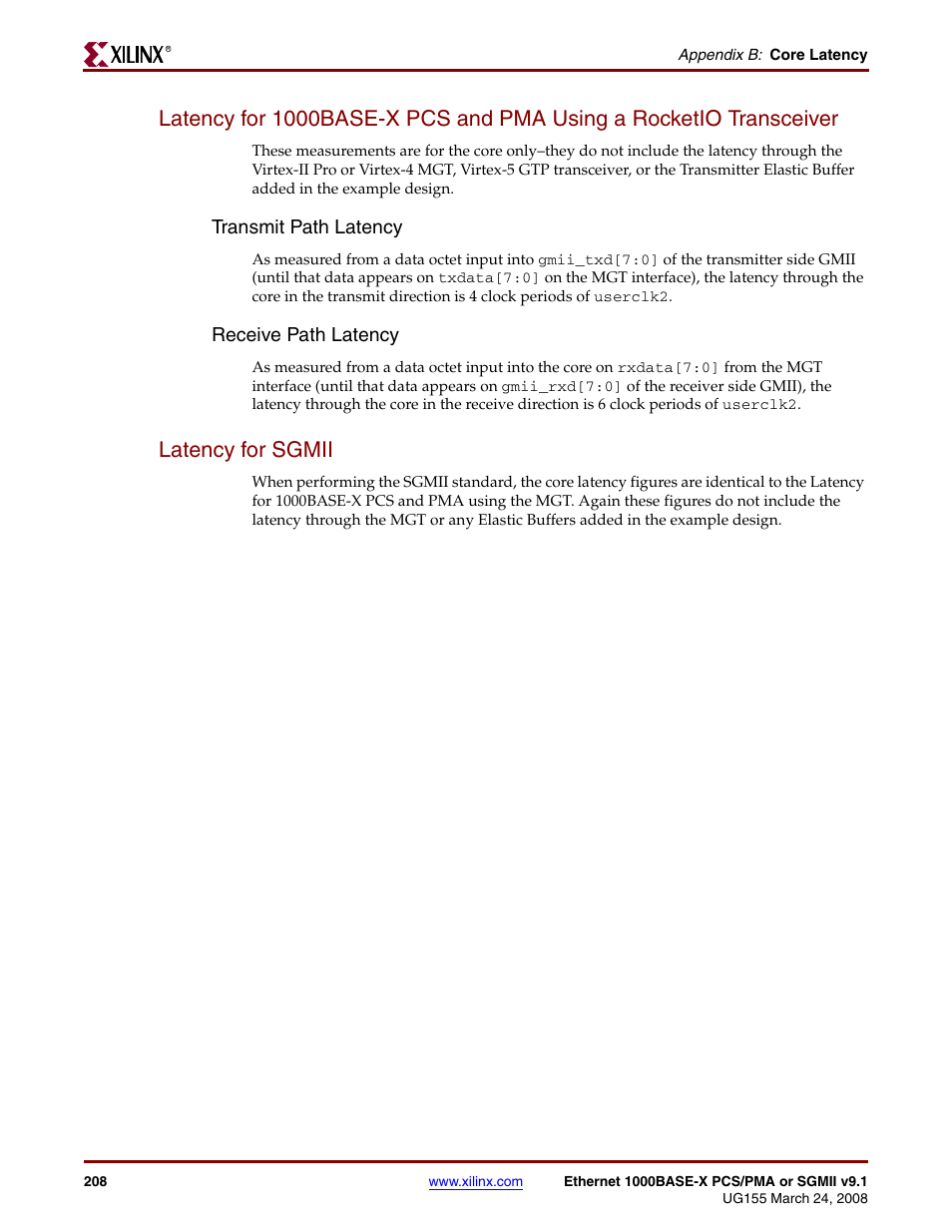 Latency for sgmii, Transmit path latency, Receive path latency | Xilinx 1000BASE-X User Manual | Page 208 / 230