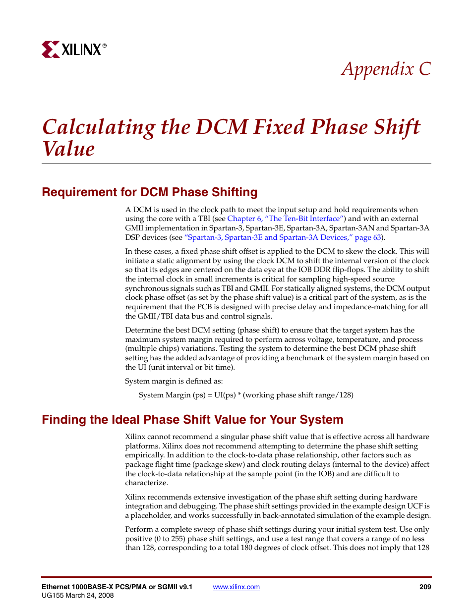 Calculating the dcm fixed phase shift value, Requirement for dcm phase shifting, Appendix c | Xilinx 1000BASE-X User Manual | Page 209 / 230