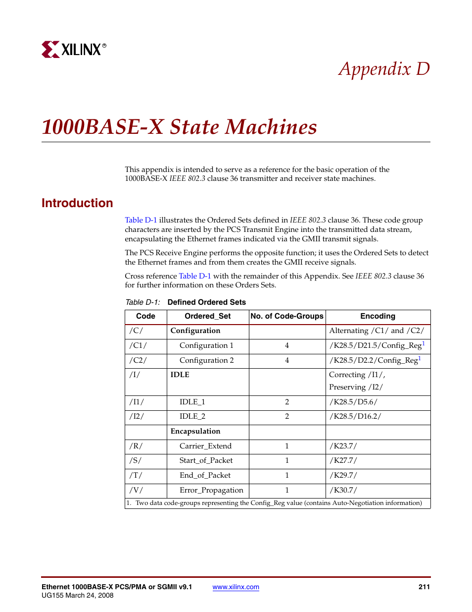 1000base-x state machines, Introduction, Appendix d: 1000base-x state machines | Table d-1, Appendix d, “1000base-x state machines, Appendix d, For mor | Xilinx 1000BASE-X User Manual | Page 211 / 230