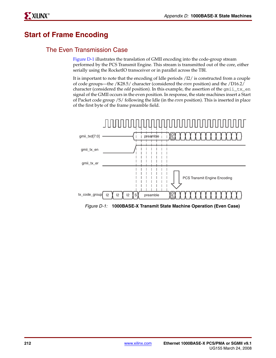 Start of frame encoding, The even transmission case, Figure d-1 | Xilinx 1000BASE-X User Manual | Page 212 / 230