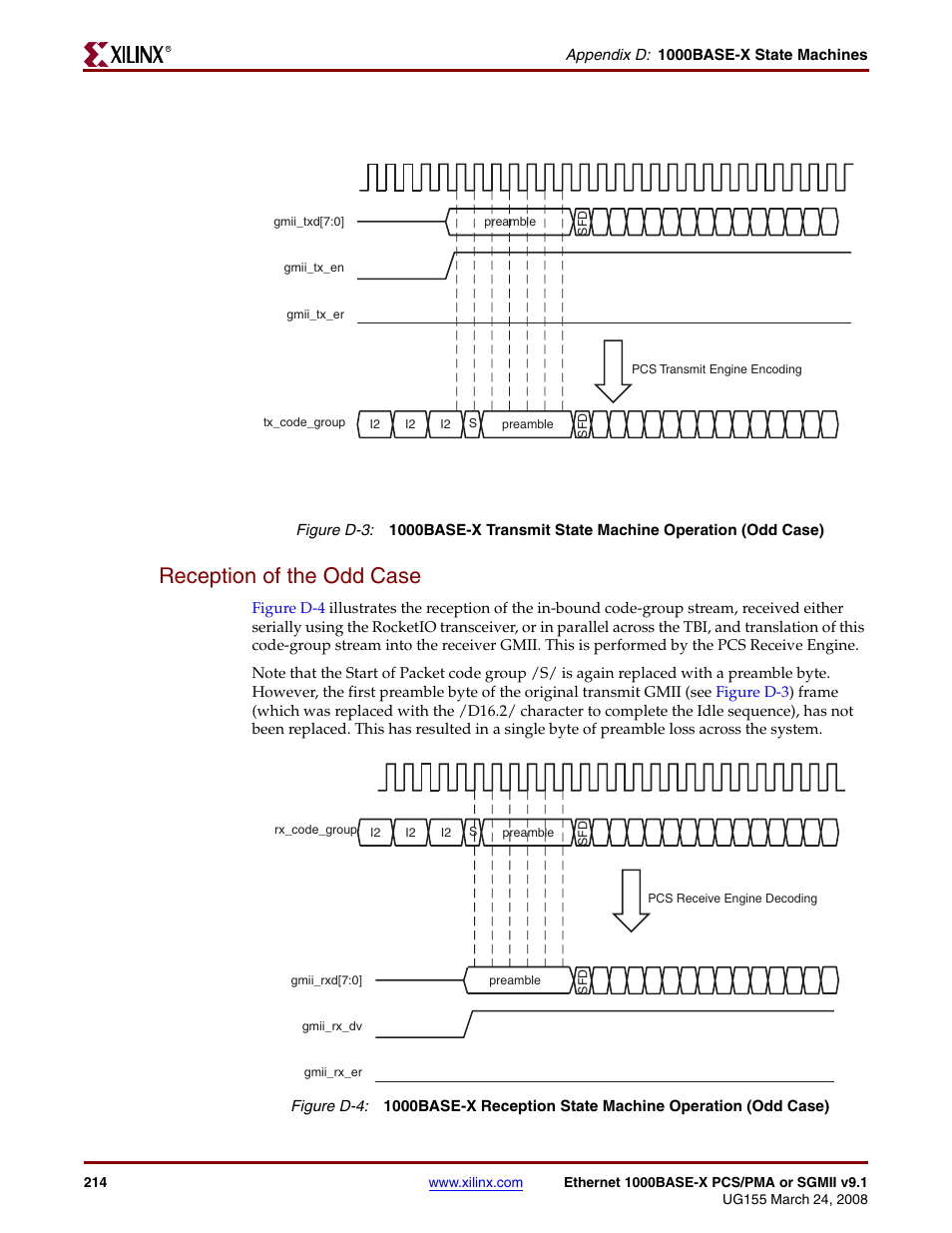 Reception of the odd case, Figure d-3, Figure d-4 | Xilinx 1000BASE-X User Manual | Page 214 / 230