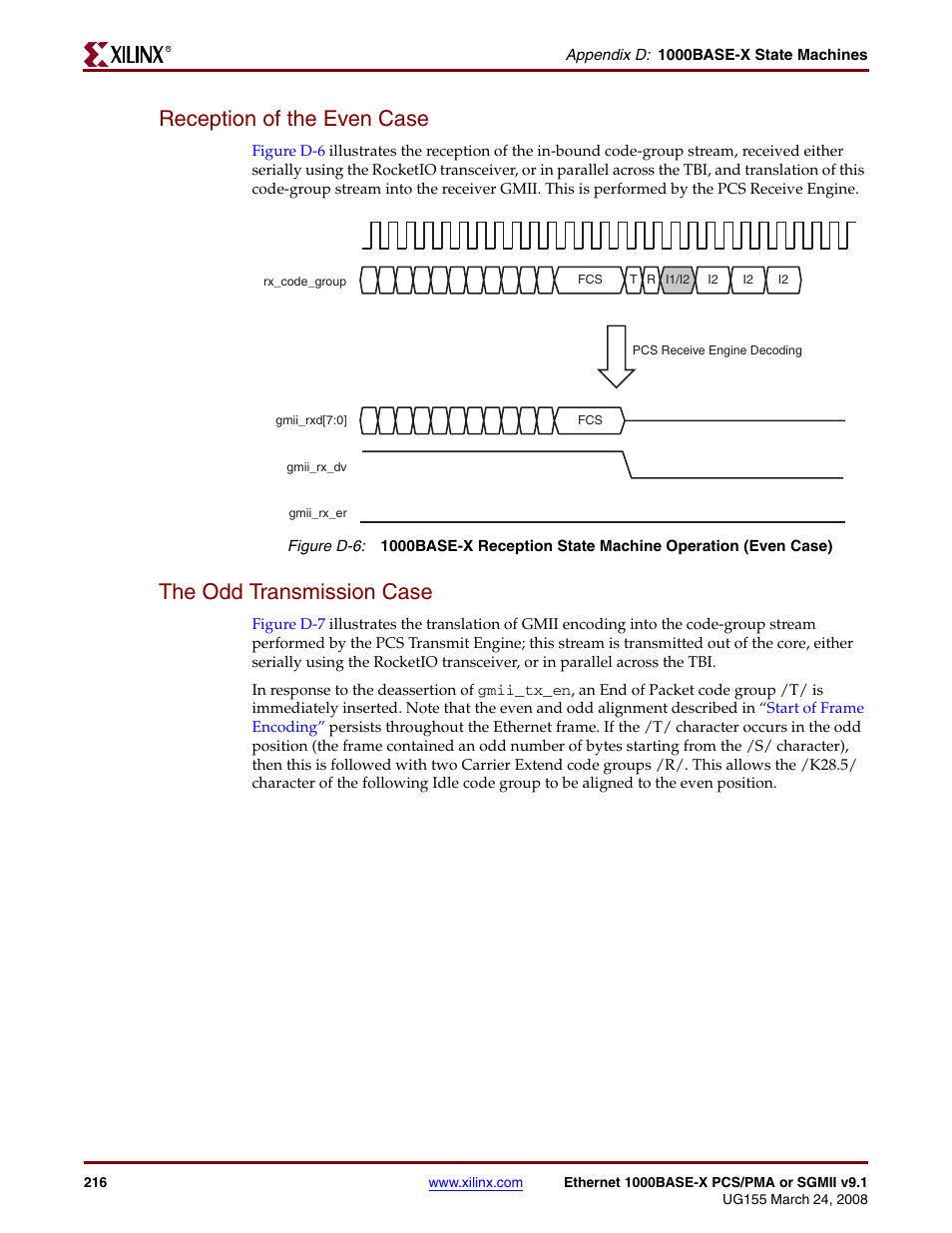 Reception of the even case, The odd transmission case, Figure d-6 | Xilinx 1000BASE-X User Manual | Page 216 / 230